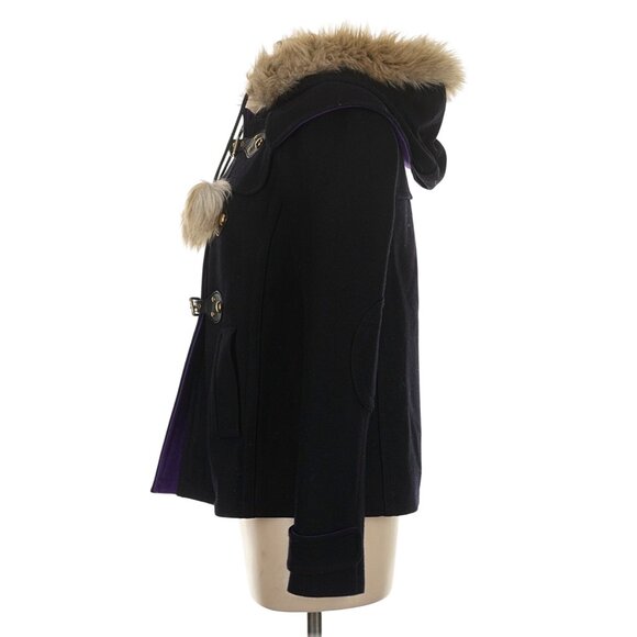 VTG Juicy Couture Black Wool Blend Faux Fur Trim Hooded Toggle Coat| Y2K Mobwife - Picture 11 of 16
